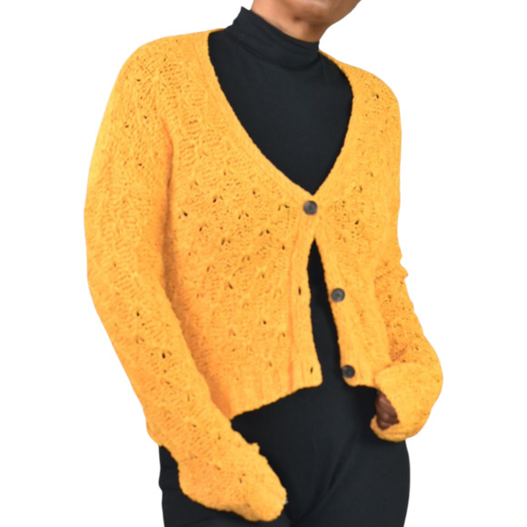 American Eagle Cropped Cardigan Sweater Yellow Slouchy Crochet Knit Boxy XS - Picture 1 of 13